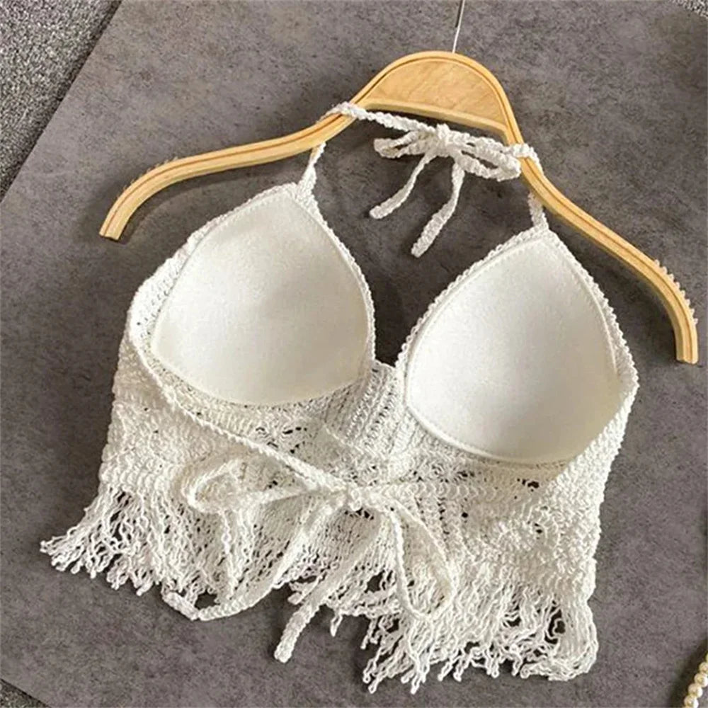 Sexy Y2K Streetwear Knit Backless Boho Crop Tops Women Summer Beach Hollow Out Crochet Tassels Hem Halter Bras Bustier Tank Top