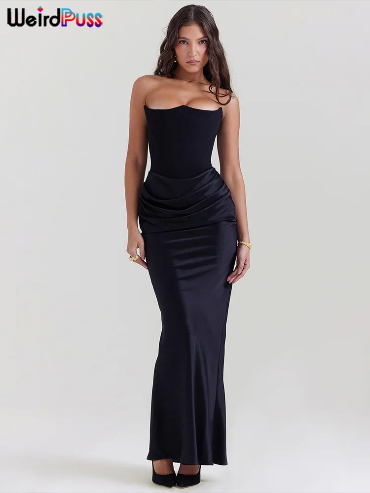 Weird Puss Strapless Ruched Women Long Dress Skinny Temperament Sensual Sexy Mermaid Bodycon Ladies Evening Party Event Vestido