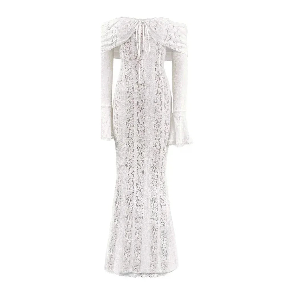 Mingmingxi Autumn Long Sleeve Maxi Dresses for Women 2024 New in Elegant Flare Sleeve Lace Dress Long Birthday Party Dresses