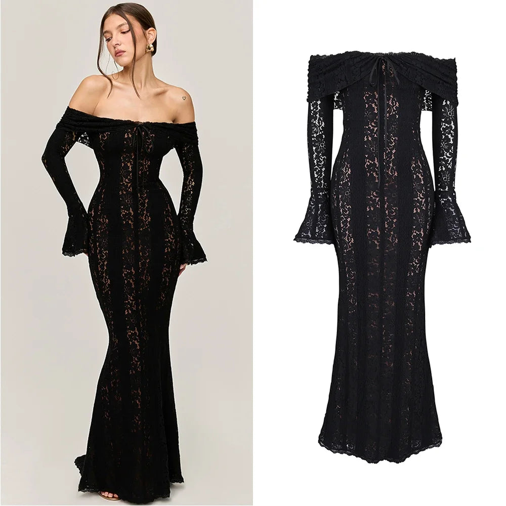 Mingmingxi Autumn Long Sleeve Maxi Dresses for Women 2024 New in Elegant Flare Sleeve Lace Dress Long Birthday Party Dresses