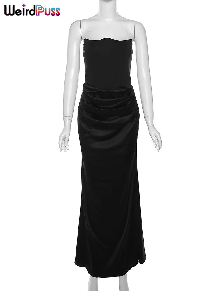 Weird Puss Strapless Ruched Women Long Dress Skinny Temperament Sensual Sexy Mermaid Bodycon Ladies Evening Party Event Vestido