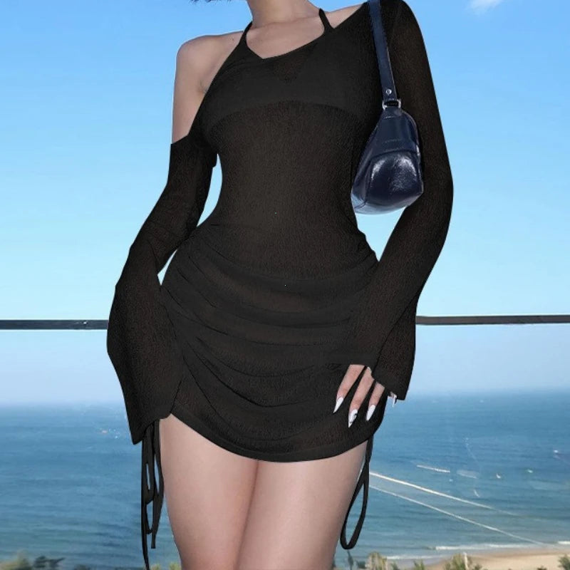 Dulzura Solid Skew Collar Ruched Straps Lace-Up See Through Draw String Mini Dress 2025 Summer Women Party Clubwear Wholesale