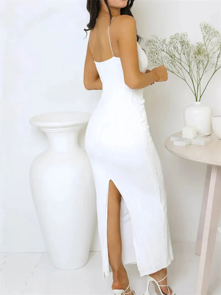 2025 Sexy Women Long Dress Ruched Sleeveless Slim Solid Summer Party Back Split Dress Clubwear Female Vestido Outfits