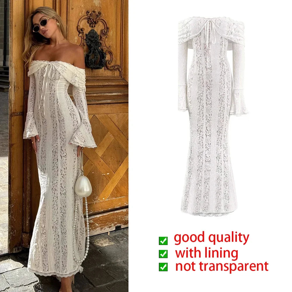 Mingmingxi Autumn Long Sleeve Maxi Dresses for Women 2024 New in Elegant Flare Sleeve Lace Dress Long Birthday Party Dresses