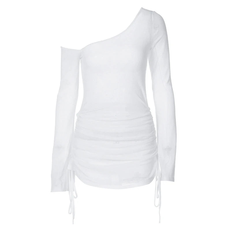 Dulzura Solid Skew Collar Ruched Straps Lace-Up See Through Draw String Mini Dress 2025 Summer Women Party Clubwear Wholesale