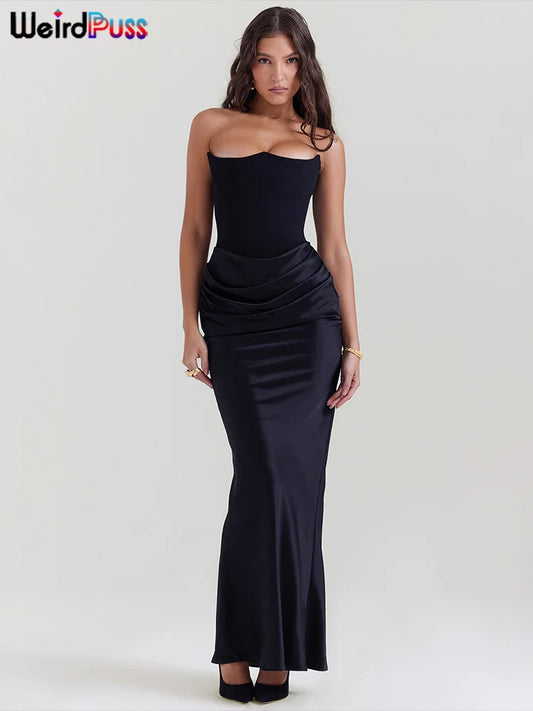 Weird Puss Strapless Ruched Women Long Dress Skinny Temperament Sensual Sexy Mermaid Bodycon Ladies Evening Party Event Vestido