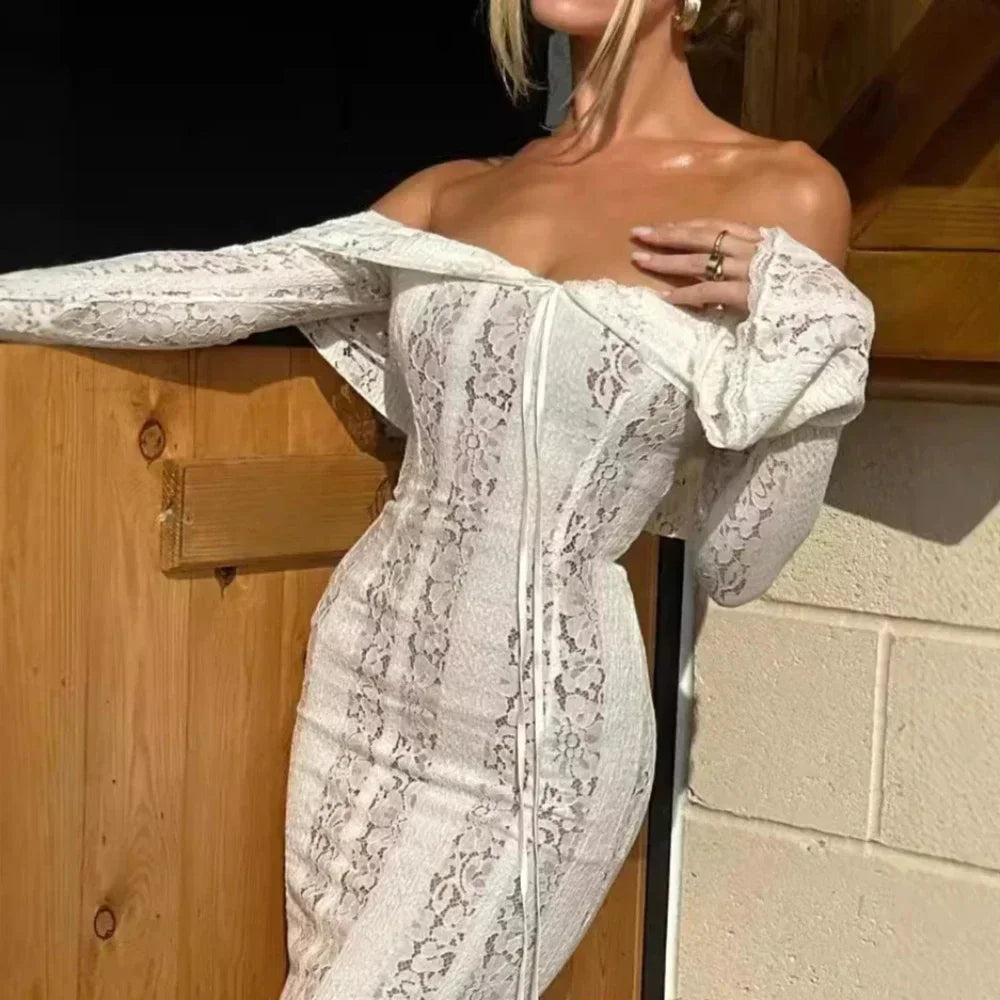 Mingmingxi Autumn Long Sleeve Maxi Dresses for Women 2024 New in Elegant Flare Sleeve Lace Dress Long Birthday Party Dresses