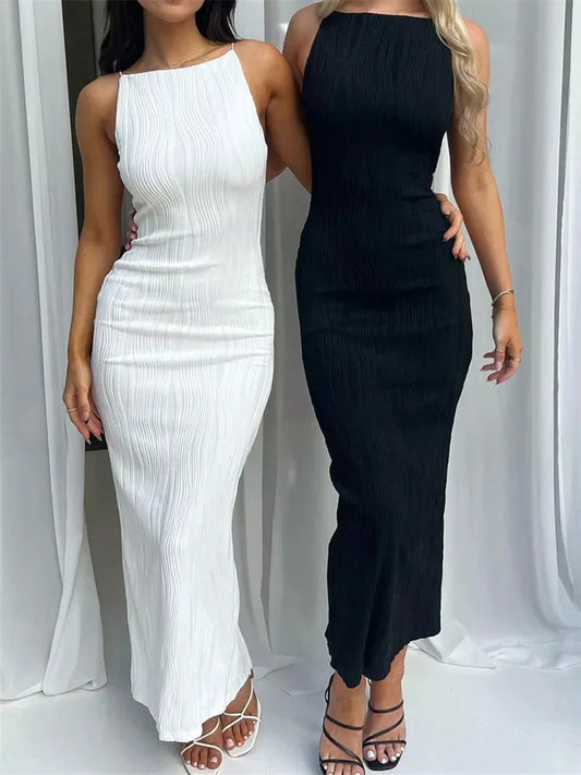2025 Sexy Women Long Dress Ruched Sleeveless Slim Solid Summer Party Back Split Dress Clubwear Female Vestido Outfits